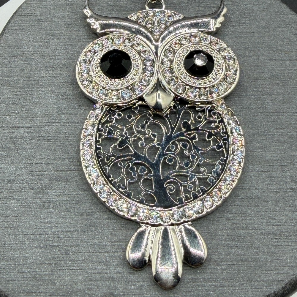 Silver Tone Rhinestone Owl Pendant Necklace Black Eye Filigree Statement Jewelry